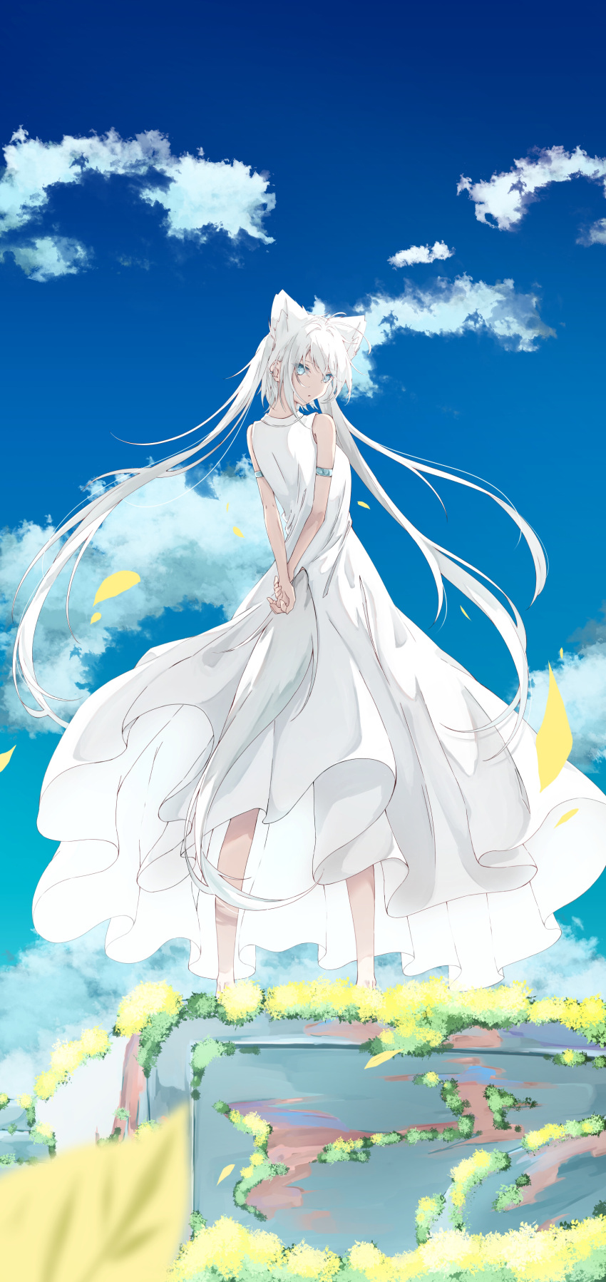 absurdres animal_ear_fluff animal_ears armlet arms_behind_back bangs clouds cloudy_sky commentary_request day dress eyebrows_visible_through_hair fox_ears fox_girl fox_tail green_eyes hair_between_eyes highres long_hair looking_at_viewer looking_back original outdoors petals sidelocks sky sleeveless sleeveless_dress sumishi_(sumisi_3) tail twintails very_long_hair white_dress white_hair