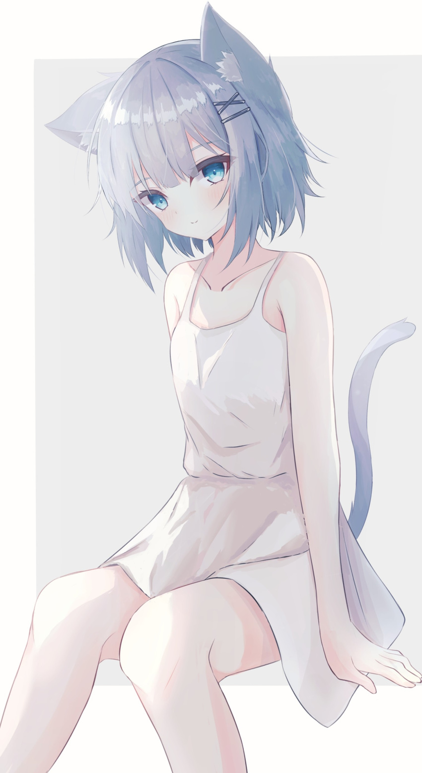 1girl absurdres animal_ear_fluff animal_ears bangs bare_arms bare_shoulders blue_eyes blush cat_ears cat_girl cat_tail closed_mouth collarbone commentary_request dress eyebrows_visible_through_hair feet_out_of_frame grey_background grey_hair hair_ornament hairclip highres looking_at_viewer original sirotuki_ito sitting sleeveless sleeveless_dress smile solo tail tail_raised two-tone_background white_background white_dress x_hair_ornament