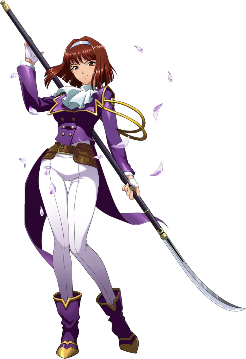 1girl ascot bangs brown_eyes brown_hair cherry_blossoms closed_mouth floating_hair full_body gloves hairband highres holding holding_polearm holding_weapon jacket kanzaki_sumire long_sleeves looking_at_viewer official_art pants polearm purple_footwear purple_jacket sakura_taisen shiny shiny_hair short_hair single_glove smile solo thigh_gap transparent_background uniform weapon white_gloves white_hairband white_neckwear white_pants