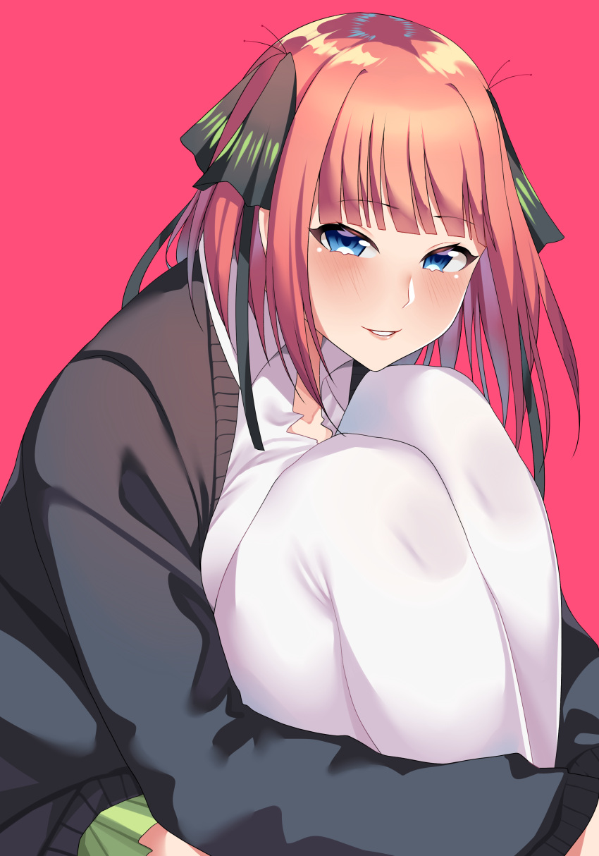 1girl absurdres bangs black_cardigan black_ribbon blue_eyes blunt_bangs blush breasts butterfly_hair_ornament cardigan eyebrows_visible_through_hair go-toubun_no_hanayome green_skirt hair_ornament highres hugging_own_legs large_breasts lilycious looking_at_viewer nakano_nino open_cardigan open_clothes pink_background pink_hair ribbon shirt simple_background skirt sleeves_past_wrists smile thigh-highs twintails white_legwear white_shirt
