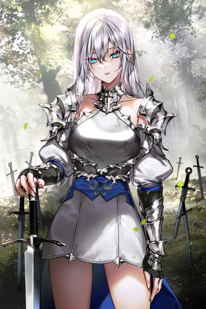 1girl absurdres arm_at_side armor bangs black_gloves black_joa blue_cape blue_eyes breasts cape collarbone cowboy_shot day detached_sleeves dress fingerless_gloves forest gloves gorget grey_dress hair_between_eyes hand_on_hilt highres looking_at_viewer nature original outdoors parted_lips pauldrons photo_background planted planted_sword puffy_sleeves short_dress shoulder_armor silver_hair solo sweat sword vambraces waistcoat weapon white_dress white_hair