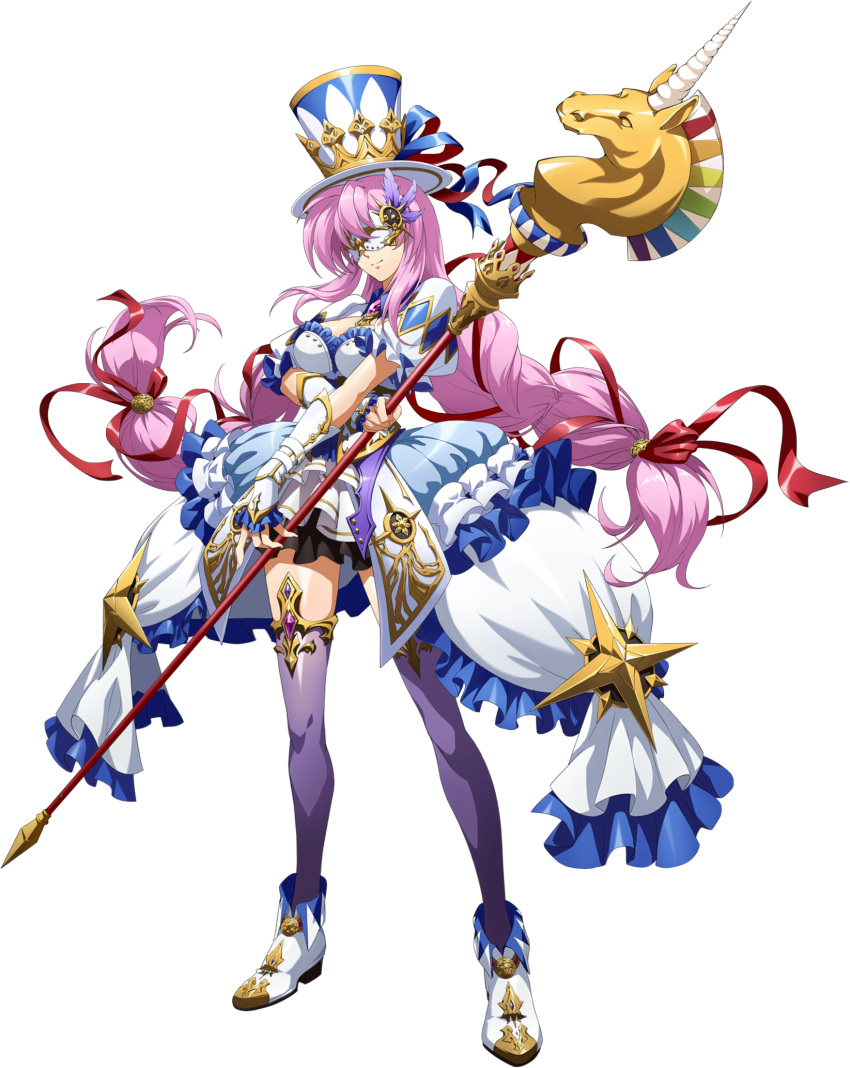 1girl blue_ribbon braid dress floating_hair full_body hair_ribbon hat hat_ribbon highres holding holding_staff knight_of_mystery_(langrisser) langrisser langrisser_mobile layered_dress long_hair official_art pink_hair purple_legwear red_ribbon ribbon shiny shiny_clothes shiny_hair shiny_legwear short_dress solo staff standing thigh-highs transparent_background twin_braids twintails very_long_hair white_dress white_footwear