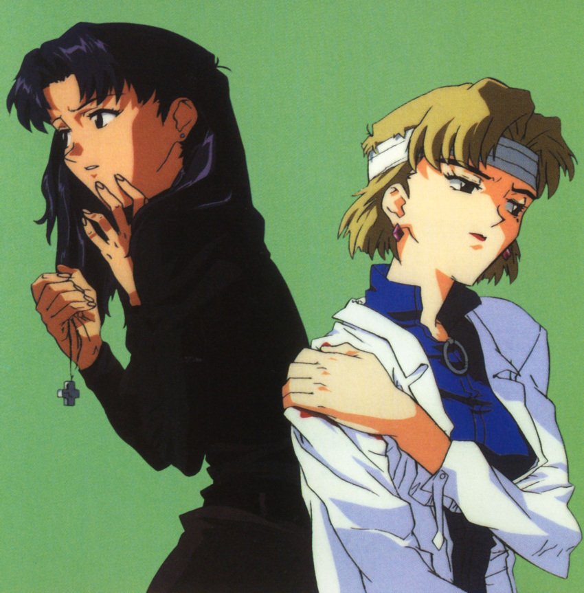 1990s_(style) 2girls akagi_ritsuko bandages blood duplicate earrings hand_on_own_shoulder highres jewelry katsuragi_misato labcoat lipstick makeup mole mole_under_eye multiple_girls neon_genesis_evangelion official_art pixel-perfect_duplicate retro_artstyle