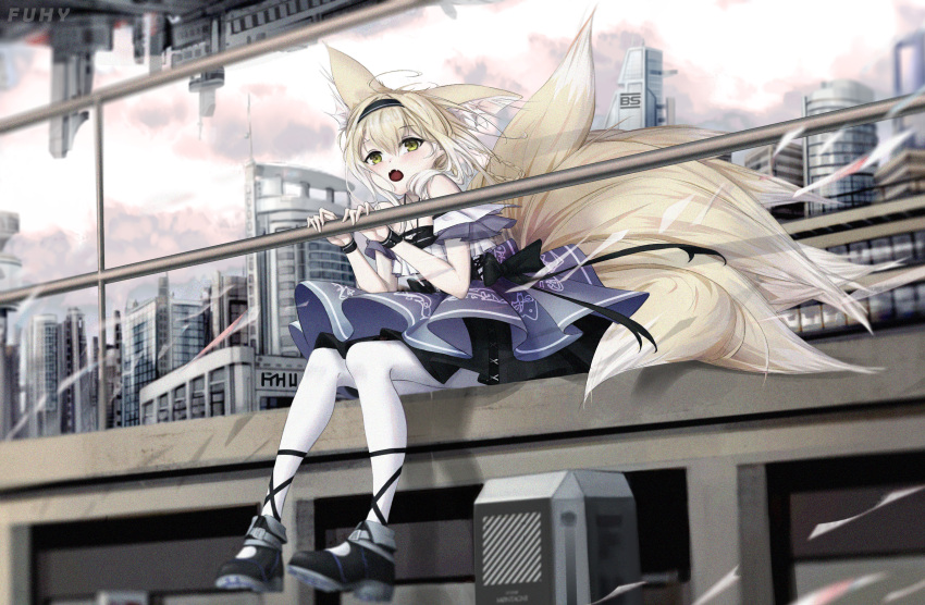 1girl absurdres animal_ear_fluff animal_ears arknights bare_shoulders black_footwear blonde_hair blue_skirt building commentary_request fangs fox_ears fox_girl fox_tail full_body fzl201218 gradient_hair hands_up highres kitsune looking_at_viewer multicolored_hair open_mouth pantyhose pleated_skirt shirt shoes sitting skirt skyscraper solo suzuran_(arknights) tail white_hair white_legwear white_shirt