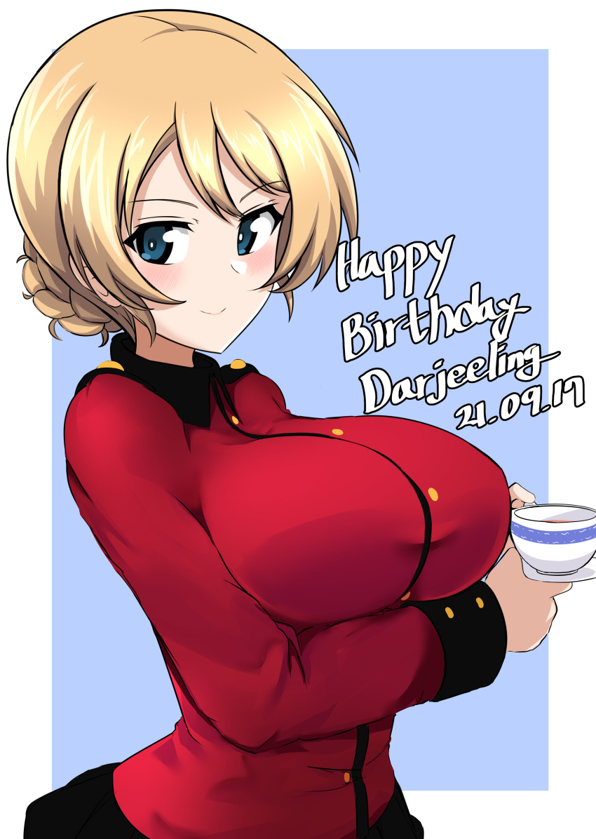 1girl absurdres aikir_(jml5160) bangs blonde_hair blue_background blue_eyes braid breast_hold breasts character_name closed_mouth commentary cup darjeeling_(girls_und_panzer) dated english_text girls_und_panzer happy_birthday highres holding holding_cup holding_saucer jacket large_breasts light_blush long_sleeves looking_at_viewer military military_uniform outside_border red_jacket saucer short_hair smile solo st._gloriana's_military_uniform teacup tied_hair uniform