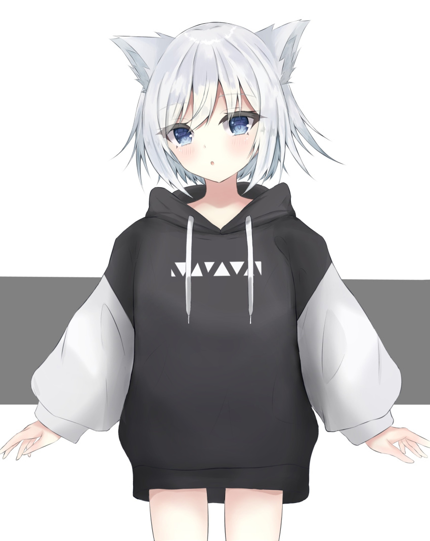 1girl :o animal_ears bangs black_hoodie blue_eyes blush cat_ears commentary_request drawstring eyebrows_visible_through_hair grey_background hair_between_eyes highres hood hood_down hoodie long_sleeves looking_at_viewer original parted_lips puffy_long_sleeves puffy_sleeves silver_hair sirotuki_ito solo two-tone_background white_background