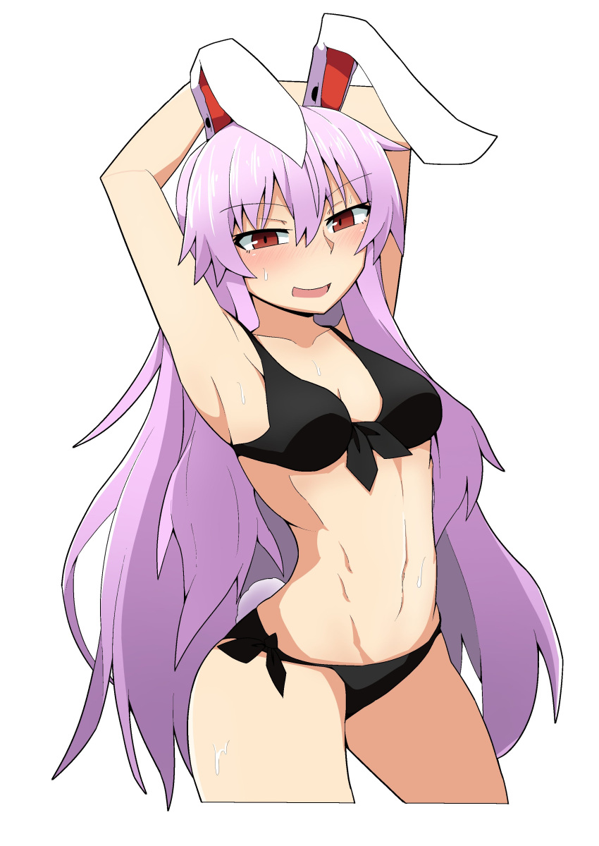 1girl :d absurdres agu_(antyosan) animal_ears armpits arms_behind_head arms_up bangs black_swimsuit blush breasts collarbone commentary_request eyebrows_visible_through_hair eyelashes highres light_purple_hair looking_at_viewer medium_breasts navel open_mouth rabbit_ears rabbit_tail red_eyes reisen_udongein_inaba shiny shiny_hair sidelocks simple_background smile solo standing stomach sweat sweatdrop swimsuit tail thighs touhou