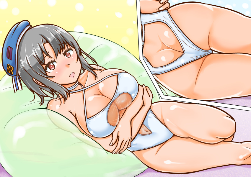 1girl absurdres ass azur_lane beret black_hair blue_headwear breasts butt_crack casual_one-piece_swimsuit commentary_request cosplay cowboy_shot criss-cross_halter halterneck hat highres inset kantai_collection large_breasts looking_at_viewer lying mikan_ame_q multiple_views namesake on_side one-piece_swimsuit pillow red_eyes short_hair swimsuit takao_(azur_lane) takao_(azur_lane)_(cosplay) takao_(beach_rhapsody)_(azur_lane) takao_(kancolle) white_swimsuit