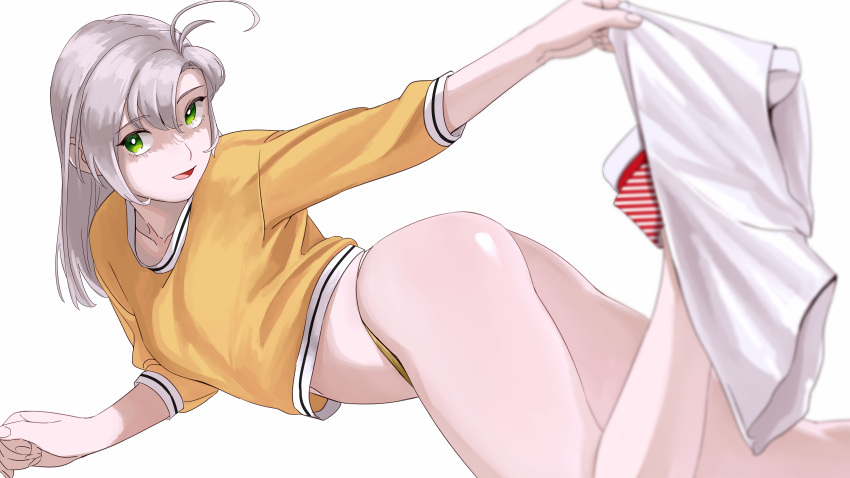 1girl absurdres ahoge antenna_hair ass bangs bare_legs breasts clothes_removed eyebrows_visible_through_hair green_eyes grey_hair highres kantai_collection kinugasa_(kancolle) long_sleeves looking_at_viewer no_pants ojipon open_mouth orange_panties panties shoes simple_background smile solo striped underwear undressing white_background yellow_panties