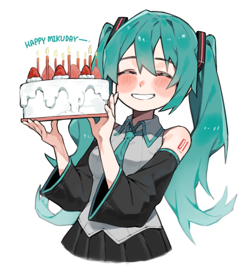 1girl aqua_hair aqua_necktie bangs bare_shoulders birthday_cake black_skirt blush breasts cake candle closed_eyes collared_shirt cropped_legs detached_sleeves english_text eyebrows_visible_through_hair flipped_hair food fruit grey_shirt grin hair_between_eyes hair_ornament hatsune_miku highres holding holding_cake holding_food long_hair medium_breasts necktie neon_trim open_mouth pleated_skirt shirt shoulder_tattoo sidelocks simple_background skirt sleeveless smile solo strawberry tattoo twintails useq1067 very_long_hair vocaloid white_background