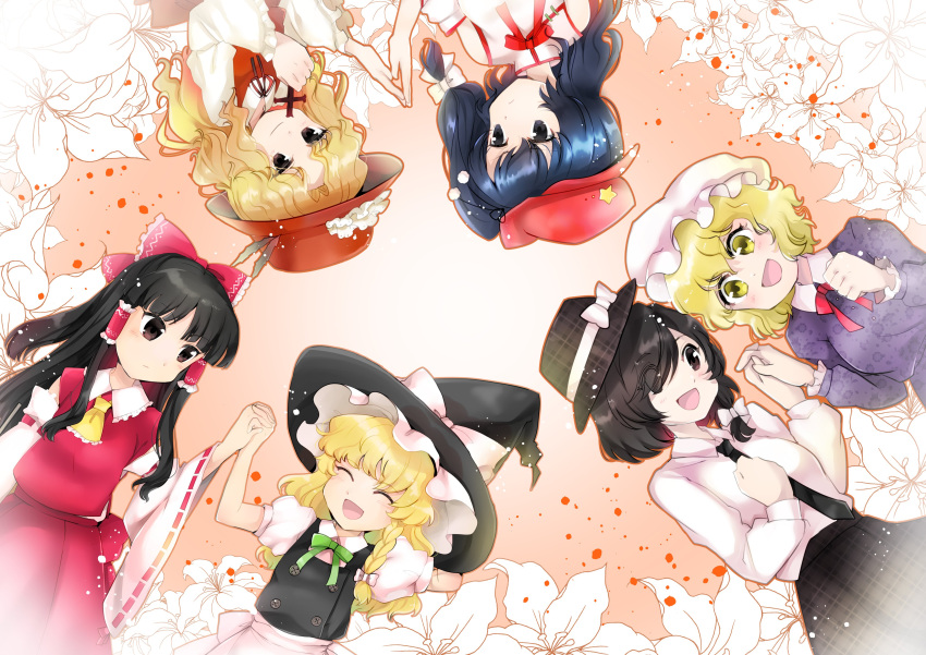 6+girls absurdres apron ascot black_hair black_headwear black_skirt black_vest blonde_hair blue_eyes blue_hair bow brown_headwear brown_vest buttons cabbie_hat closed_eyes collar cross detached_sleeves dress extra fedora flat_cap frilled_bow frilled_hat frills hair_bow hair_tubes hakurei_reimu hat hat_bow hat_feather hat_ornament highres holding holding_cross holding_hands jacket_girl_(dipp) kanonari kirisame_marisa label_girl_(dipp) long_hair long_sleeves lying mandarin_collar maribel_hearn medium_hair mob_cap multiple_girls necktie nontraditional_miko one_eye_covered open_mouth plaid plaid_headwear plaid_skirt puffy_sleeves purple_dress red_bow red_headwear red_neckwear red_shirt red_skirt ribbon-trimmed_sleeves ribbon_trim shirt short_hair short_sleeves sidelocks skirt sleeveless star_(symbol) star_hat_ornament touhou usami_renko vest waist_apron wavy_hair white_bow white_collar white_vest wide_sleeves witch_hat yellow_eyes