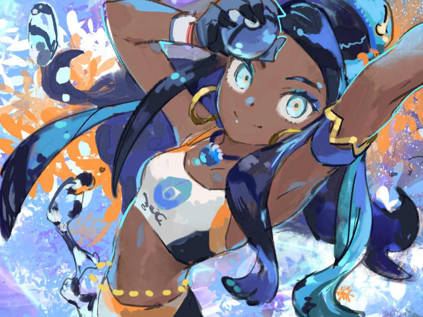1girl akiyama_youkou armlet arms_up belly_chain bike_shorts black_hair blue_eyes blue_eyeshadow blue_hair closed_mouth commentary_request dark-skinned_female dark_skin dive_ball dynamax_band earrings eyelashes eyeshadow gloves hair_bun highres holding holding_poke_ball hoop_earrings jewelry long_hair looking_at_viewer makeup multicolored_hair necklace nessa_(pokemon) poke_ball pokemon pokemon_(game) pokemon_swsh smile solo two-tone_hair water water_drop