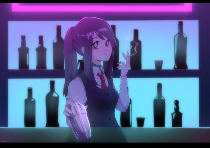 1girl bar bartender bottle cigarette commentary english_commentary highres jill_stingray long_hair long_sleeves looking_at_viewer necktie neon_lights orekifag parted_lips ponytail shirt smoking solo upper_body va-11_hall-a vest violet_eyes white_shirt