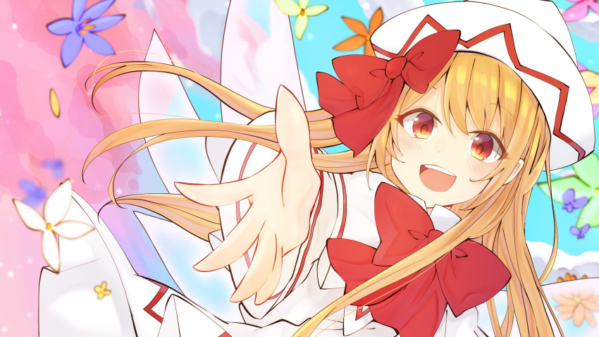 1girl blonde_hair bow bowtie capelet danmaku dress dutch_angle fairy fairy_wings flower happy hat hat_bow highres lily_white long_hair open_mouth orange_eyes red_bow red_bowtie red_neckwear solanikieru touhou upper_body very_long_hair white_capelet white_dress white_headwear wide_sleeves wings