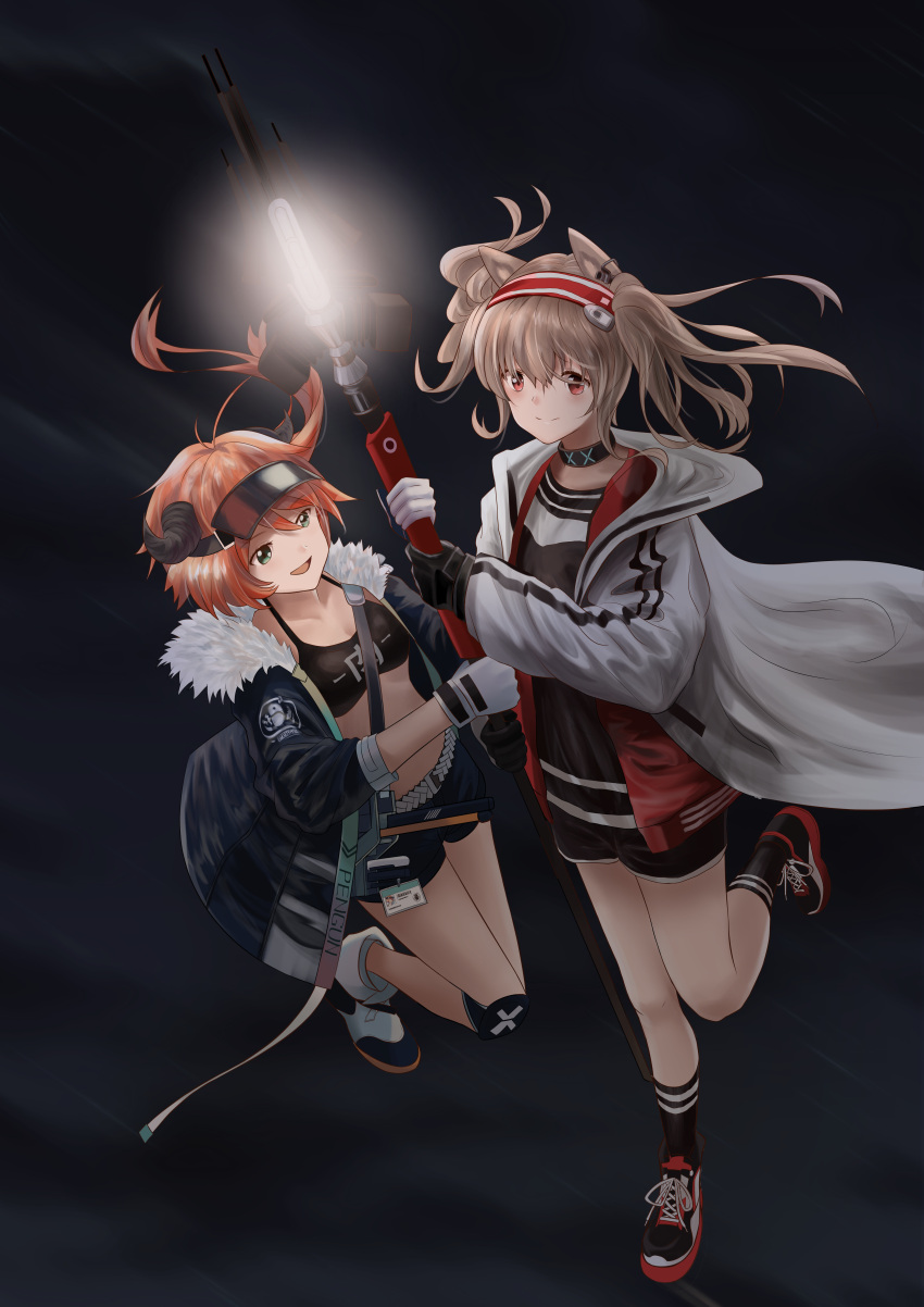 2girls :d absurdres angelina_(arknights) animal_ears arknights bangs black_footwear black_gloves black_jacket black_shirt brown_hair camisole coat commentary_request croissant_(arknights) fox_ears fur-trimmed_jacket fur_trim gloves glowing hair_between_eyes hairband highres holding holding_staff horns jacket knee_pads long_hair long_sleeves maomaoqiang midriff multiple_girls open_clothes open_coat orange_hair red_eyes red_hairband shirt shoes smile sneakers staff stomach twintails visor_cap white_coat white_gloves