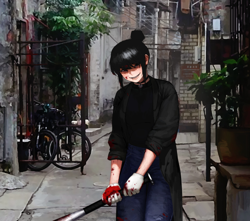 1girl baseball_bat bicycle black_choker black_coat black_eyes black_gloves black_hair blood blood_from_mouth blood_on_clothes blood_on_face blood_on_weapon choker coat collarbone covered_collarbone dgk evil_grin evil_smile gloves grin ground_vehicle hair_between_eyes hair_bun heart heart_choker highres holding holding_baseball_bat holding_weapon injury original outdoors parted_lips plant potted_plant sleeves_rolled_up smile solo teeth veins weapon white_gloves