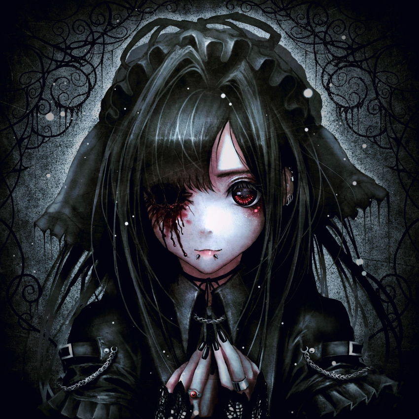 1girl bangs black_hair black_nails blood blood_on_face bonnet chain collared_shirt english_commentary fingerless_gloves gloves gothic gothic_lolita guro highres jewelry lip_piercing lolita_fashion long_hair missing_eye multiple_rings original piercing red_eyes ring shirt solo upper_body yu-ki_iwata