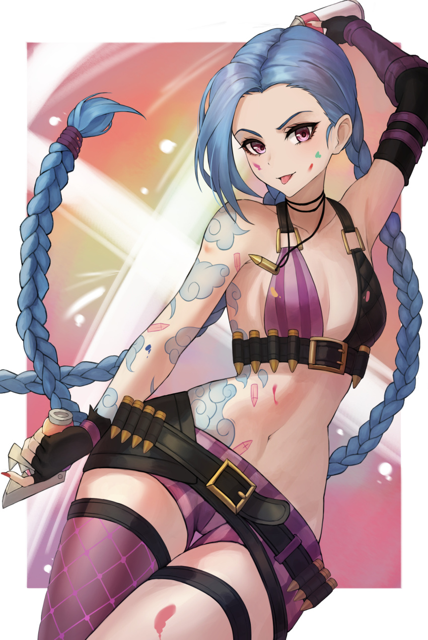 1girl angdo_(kakajo26) arm_tattoo arm_up bare_shoulders belt blue_hair braid breasts brown_belt bullet cloud_tattoo collarbone fingerless_gloves gloves highres jewelry jinx_(league_of_legends) league_of_legends long_hair looking_at_viewer nail_polish navel necklace paint_splatter paint_splatter_on_face pink_shorts red_nails short_shorts shorts single_thighhigh small_breasts smile solo stomach stomach_tattoo striped striped_shorts tattoo thigh-highs tongue tongue_out twin_braids twintails very_long_hair white_background