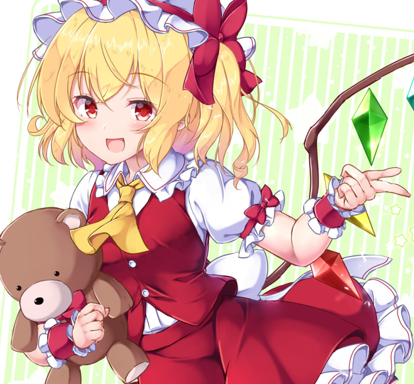 1girl :d aka_tawashi arm_up ascot back_bow bangs blonde_hair blush bow breasts buttons commentary_request crystal eyebrows_visible_through_hair eyelashes fang fingernails flandre_scarlet frilled_skirt frills happy hat hat_bow hat_ribbon holding holding_stuffed_toy index_finger_raised medium_breasts mob_cap one_side_up open_mouth petticoat puffy_short_sleeves puffy_sleeves red_bow red_eyes red_ribbon red_skirt red_vest ribbon sash shiny shiny_hair shirt short_hair short_sleeves side_ponytail skirt smile solo standing stuffed_animal stuffed_toy teddy_bear touhou vest white_sash white_shirt wings wrist_cuffs yellow_neckwear