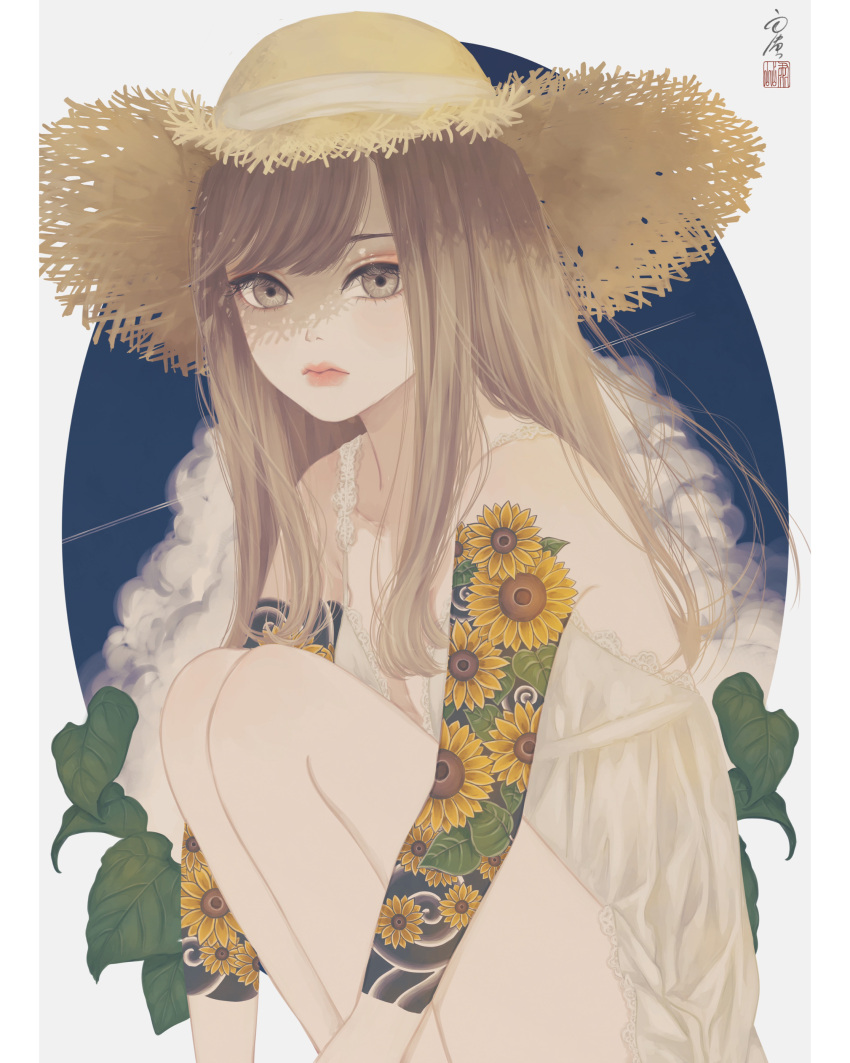 1girl absurdres arm_tattoo border clouds dress flower hat highres light_brown_eyes light_brown_hair lips long_hair looking_at_viewer original plant sky sleeveless solo squatting straw_hat sunflower tattoo ushiyama_ame