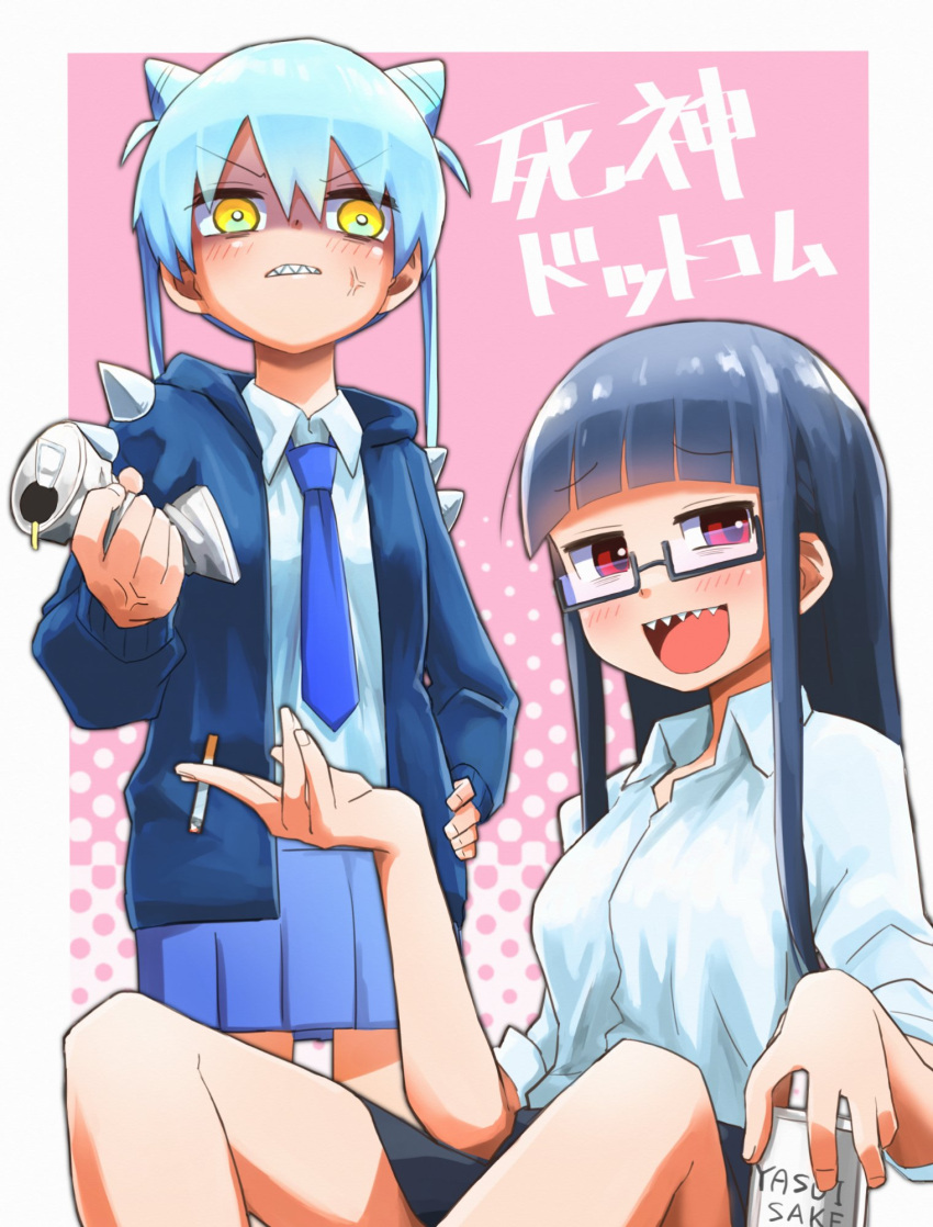 2girls bangs black-framed_eyewear black_hair blue_hair blue_necktie blue_skirt blunt_bangs blush breasts character_request cigarette eyebrows_visible_through_hair glasses highres holding holding_cigarette long_hair looking_at_viewer medium_breasts multiple_girls necktie open_mouth parted_lips rectangular_eyewear red_eyes semi-rimless_eyewear sharp_teeth shinigami_dot_com shirt skirt teeth under-rim_eyewear upper_teeth white_shirt yachima_tana yellow_eyes