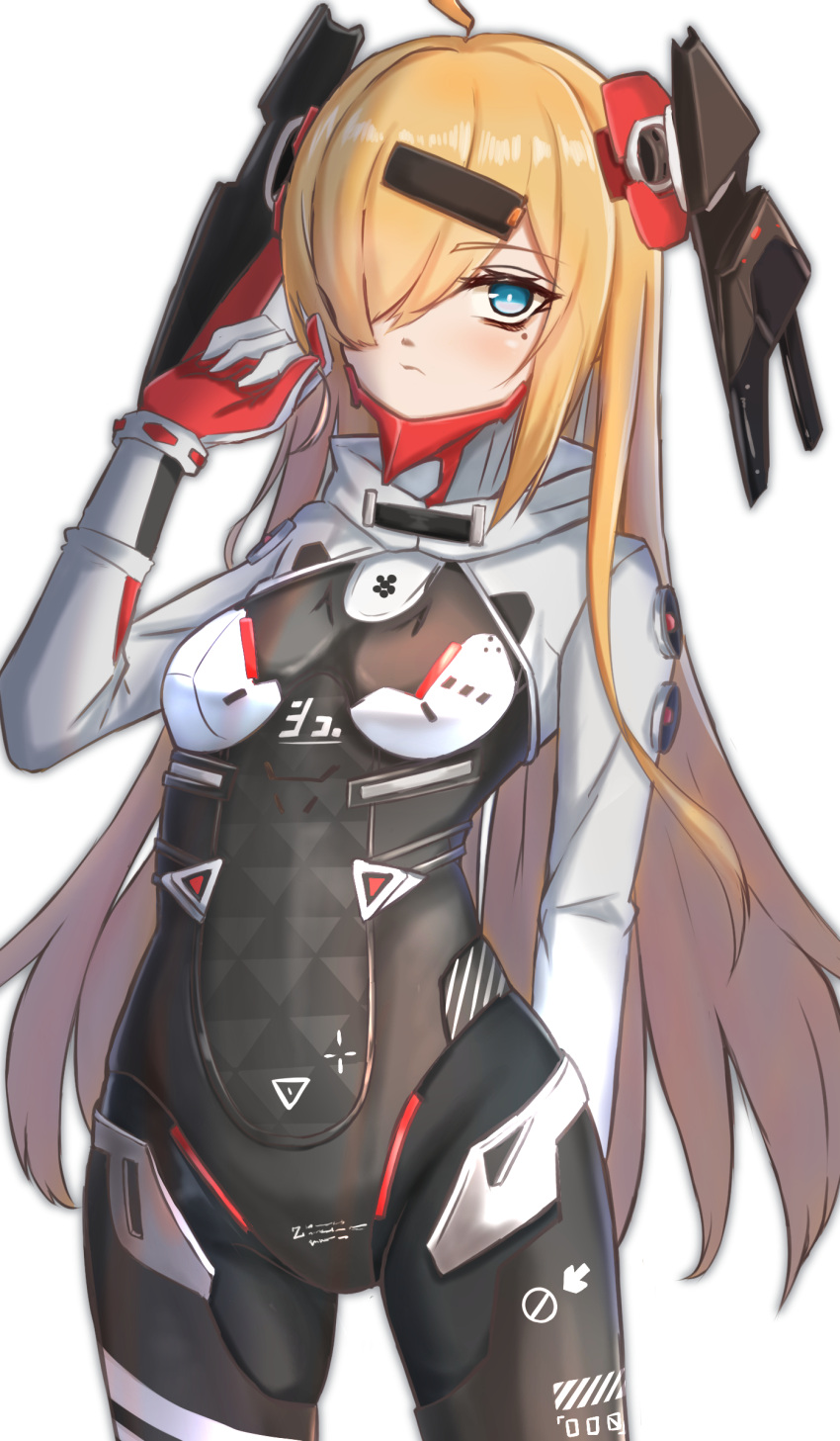 1girl absurdres arm_behind_back arm_up bangs blonde_hair blue_eyes bodysuit closed_mouth eyebrows_visible_through_hair feet_out_of_frame girls_frontline gloves hair_between_eyes hair_ornament hair_over_one_eye highres long_hair looking_at_viewer mg36_(blue_dragon_stands_above_sector_09)_(girls'_frontline) mg36_(girls'_frontline) mole mole_under_eye multicolored_bodysuit multicolored_clothes multicolored_gloves omurainu one_eye_covered solo standing white_background