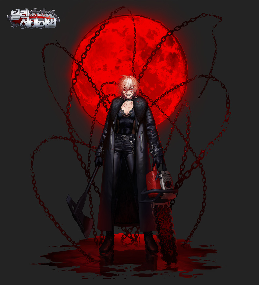 1girl axe backlighting belt black_coat black_footwear black_gloves black_survival blonde_hair blood blood_in_hair blood_on_clothes blood_on_face chain chainsaw coat collarbone dgk dripping fangs fur-trimmed_coat fur_trim gloves grey_background hair_between_eyes hand_print highres holding holding_axe holding_chainsaw holding_weapon medium_hair moon o-ring_belt open_clothes open_coat open_mouth pool_of_blood puddle red_eyes red_moon reflection scar scar_on_face scar_on_nose simple_background sleeves_past_wrists smile solo teeth weapon zipper zipper_pull_tab