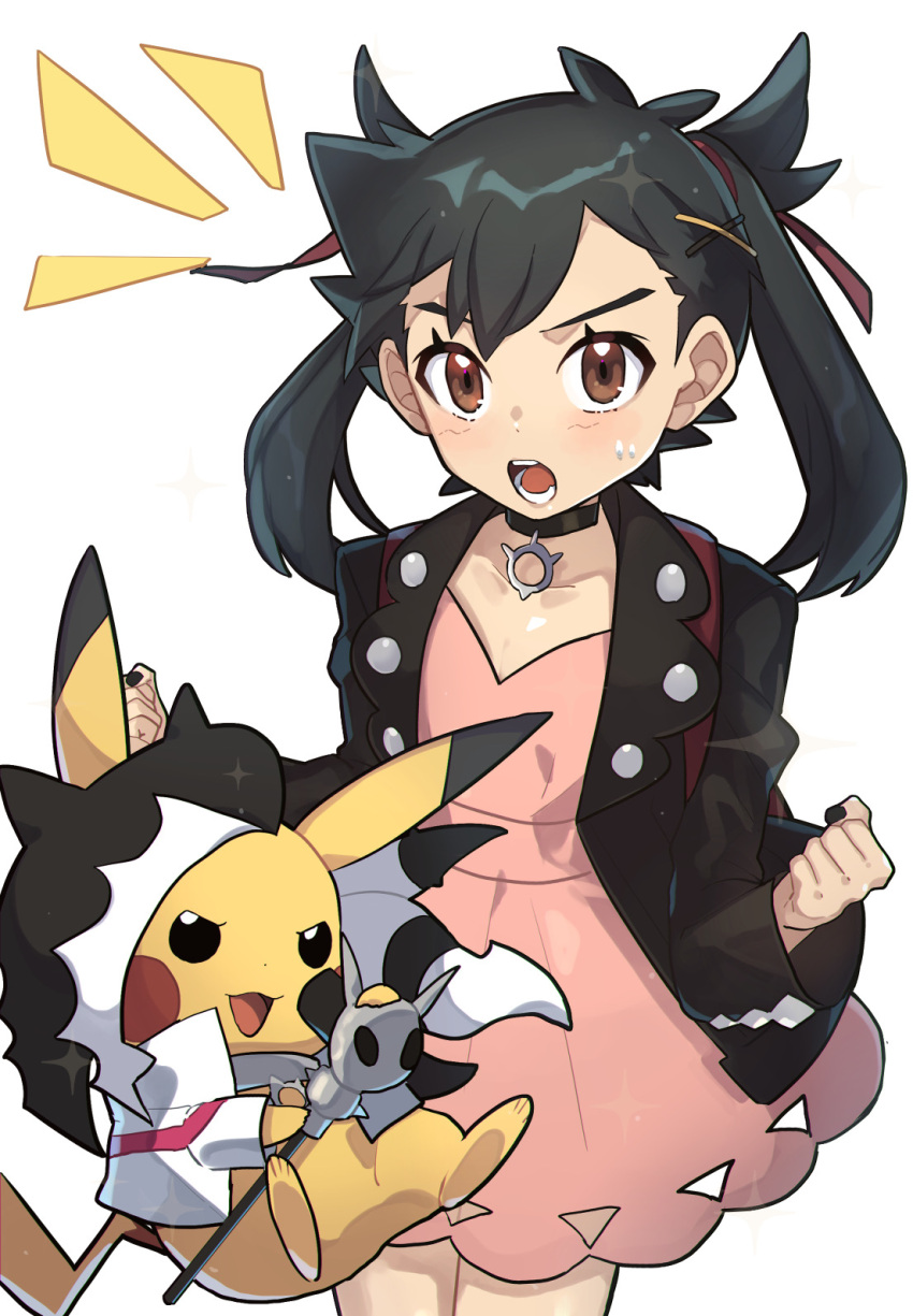 1boy ash_ketchum bangs black_hair black_jacket black_nails blush brown_eyes clenched_hands commentary_request cosplay crossdressing dress eyelashes hair_ribbon highres jacket long_hair male_focus marnie_(pokemon) marnie_(pokemon)_(cosplay) microphone_stand nail_polish open_clothes open_jacket open_mouth ou_negi piers_(pokemon) piers_(pokemon)_(cosplay) pink_dress pokemon pokemon_(anime) pokemon_swsh_(anime) red_ribbon ribbon sweat teeth tongue twintails