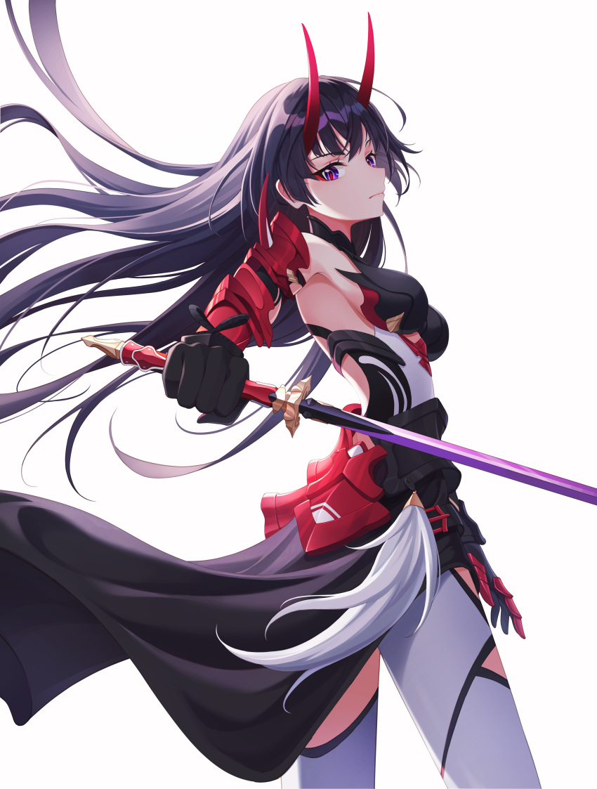 1girl absurdres armor armpits bangs breasts closed_mouth gauntlets highres holding holding_sword holding_weapon honkai_(series) honkai_impact_3rd horns japanese_armor katana long_hair looking_at_viewer looking_to_the_side raiden_mei raiden_mei_(herrscher_of_thunder) sideboob simple_background single_gauntlet solo star-ring sword thigh-highs weapon white_background white_legwear