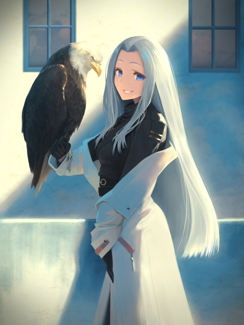 1girl azur_lane bald_eagle belt bird bird_on_hand black_belt black_dress black_gloves blue_eyes breasts clenched_hand coat commentary_request cowboy_shot dress eagle gloves grim_(azur_lane) grin highres long_hair long_sleeves looking_at_viewer medium_breasts off_shoulder official_alternate_costume outdoors parted_hair sidelocks silver_hair smile solo_focus standing teeth turtleneck_dress very_long_hair white_coat window yohia yorktown_(azur_lane) yorktown_(saintly_wings)_(azur_lane)