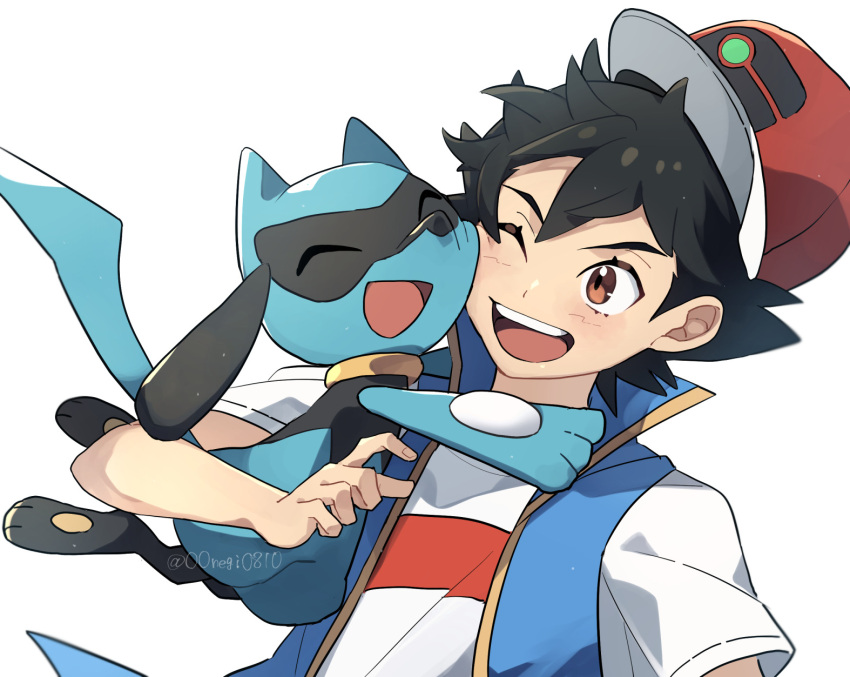 1boy ;d ash_ketchum bangs baseball_cap black_hair blue_jacket blush brown_eyes commentary_request eyelashes hand_up happy hat highres jacket male_focus one_eye_closed open_mouth ou_negi pokemon pokemon_(anime) pokemon_(creature) pokemon_swsh_(anime) red_headwear riolu shirt short_hair short_sleeves sleeveless sleeveless_jacket smile t-shirt teeth tongue upper_body upper_teeth white_shirt