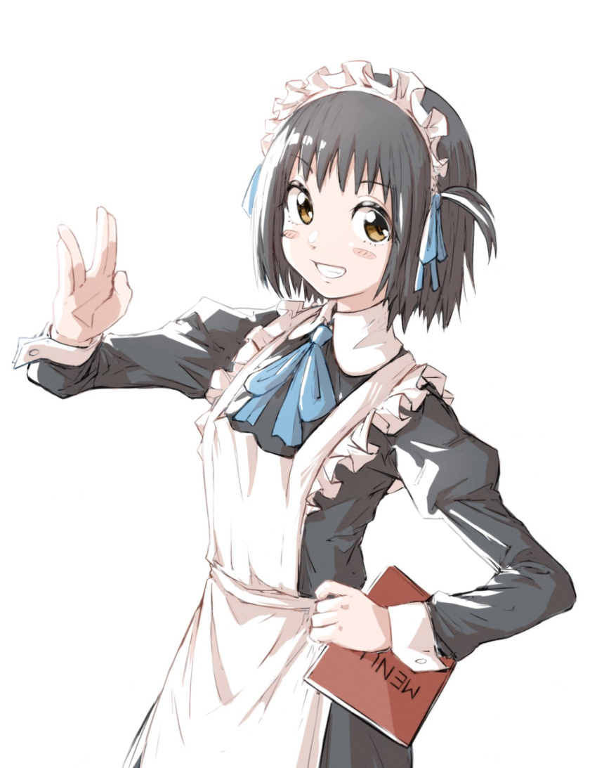 1girl arashiyama_hotori black_hair blush_stickers brown_eyes eyebrows_visible_through_hair grin highres long_sleeves looking_at_viewer maid parted_lips salute short_hair sketch smile solo soredemo_machi_wa_mawatteiru teeth vulcan_salute yachima_tana