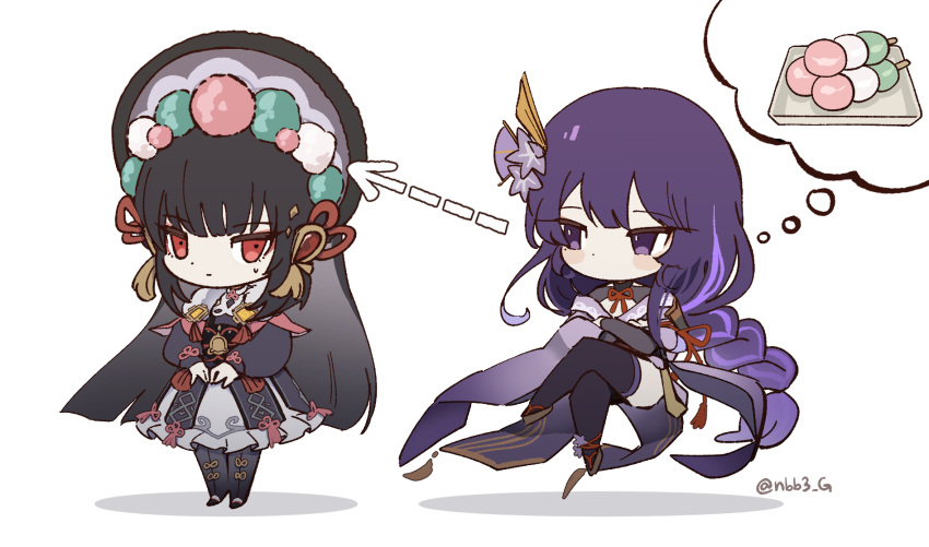 2girls armor bangs black_gloves black_hair black_legwear blunt_bangs bow bowtie braid braided_ponytail bridal_gauntlets chinese_clothes commentary_request crossed_arms crossed_legs dango detached_collar eyebrows_visible_through_hair floating food full_body genshin_impact gloves hair_ornament hairband highres japanese_clothes lolita_hairband long_hair long_sleeves looking_at_another low_ponytail multiple_girls nbb3 obi purple_hair raiden_shogun red_eyes sash shoulder_armor sidelocks single_braid sitting skewer standing sweat thought_bubble twitter_username violet_eyes vision_(genshin_impact) wagashi white_background wide_sleeves yunjin_(genshin_impact)