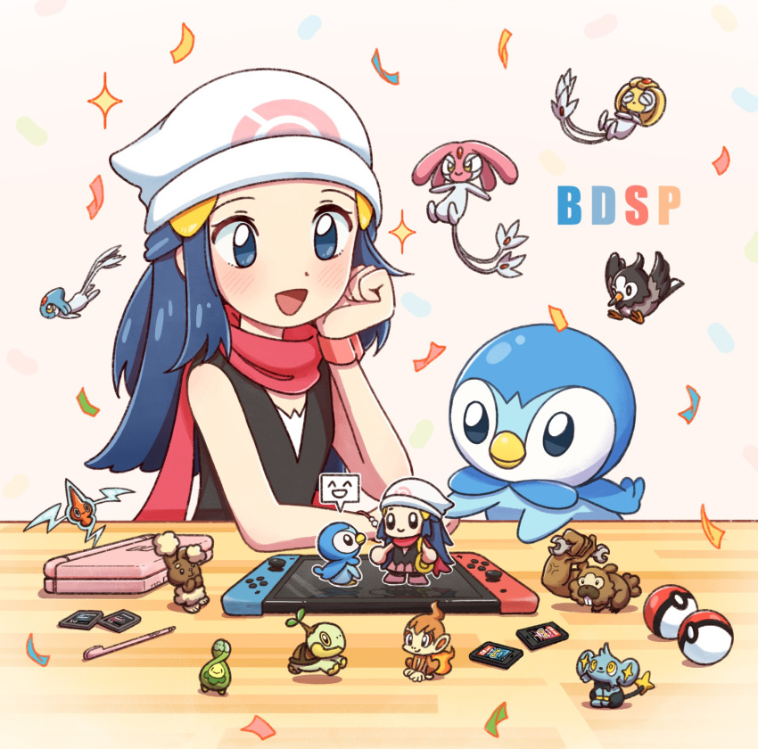 1girl :d azelf beanie bidoof black_shirt blush budew buneary chimchar commentary_request confetti hair_ornament hairclip handheld_game_console hat highres hikari_(pokemon) kino_(jewell_chang) long_hair mesprit nintendo_ds open_mouth piplup pokemon pokemon_(game) pokemon_bdsp red_scarf rotom rotom_(normal) scarf shinx shirt sleeveless sleeveless_shirt smile table tongue turtwig uxie white_headwear