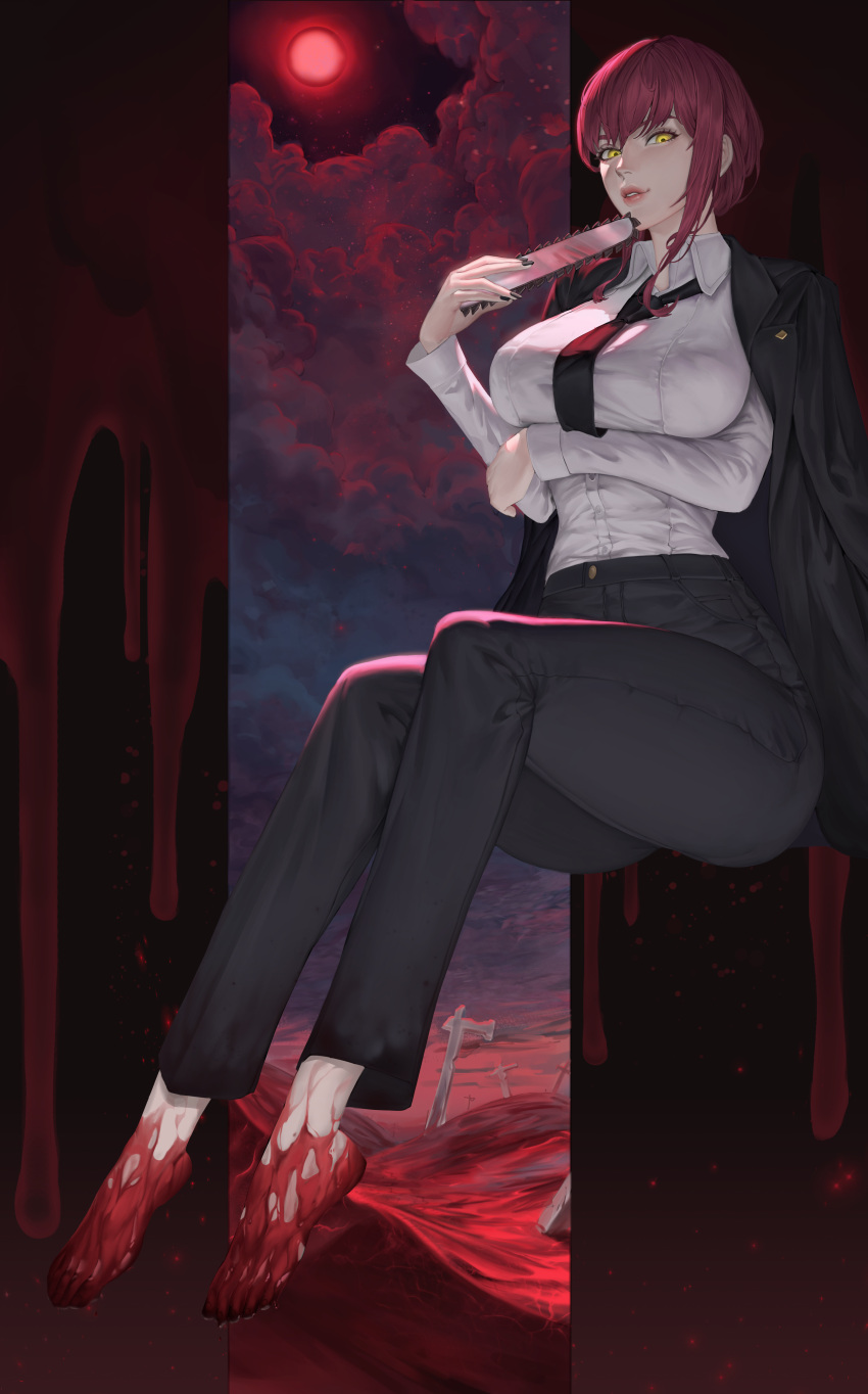 1girl absurdres bangs barefoot black_nails black_necktie blood blood_on_feet breasts business_suit chainsaw_man clouds cross denim formal highres jacket jacket_on_shoulders jeans large_breasts lips looking_at_viewer makima_(chainsaw_man) medium_hair moon nail_polish necktie night night_sky pants reallumen red_moon redhead ringed_eyes shirt_tucked_in sky solo suit thighs yellow_eyes