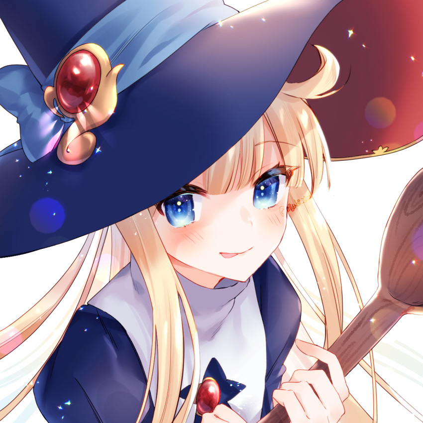 1girl :p ahoge bangs blonde_hair blue_dress blue_eyes blue_headwear blue_ribbon blush closed_mouth dress eyebrows_visible_through_hair hat hat_ornament hat_ribbon highres holding holding_spoon long_hair looking_at_viewer magic miyabi_2201 puyopuyo ribbon simple_background solo sparkle sparkle_background spoon thick_eyelashes tongue tongue_out turtleneck white_background witch witch_(puyopuyo) witch_hat