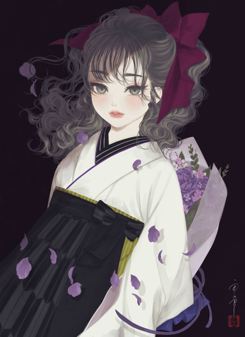 1girl absurdres arms_behind_back bouquet bow brown_eyes brown_hair earrings flower flower_earrings hair_bow hakama highres holding holding_flower japanese_clothes jewelry kimono original parted_lips petals ponytail purple_background solo ushiyama_ame wavy_hair wind yagasuri