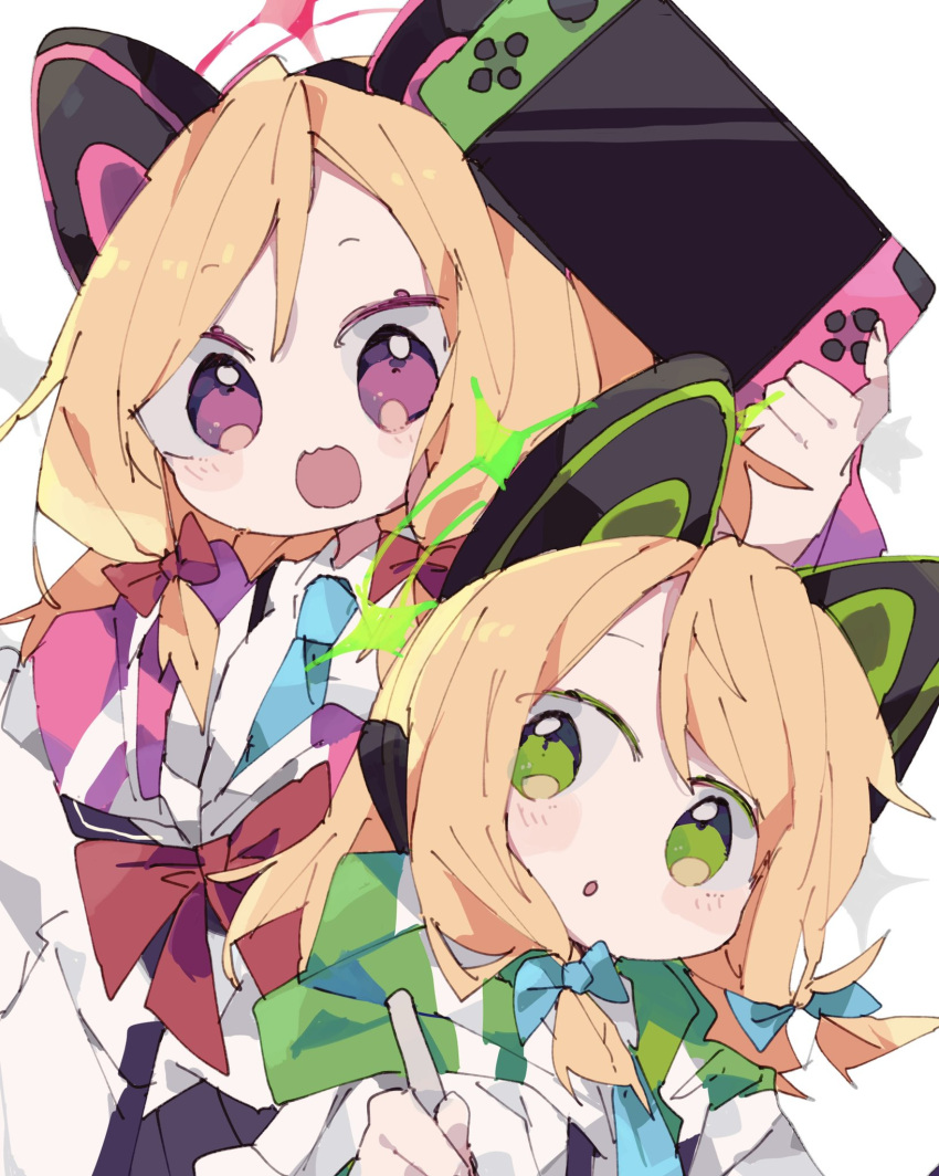 2girls blonde_hair blue_archive bow byako_(srktn) cat_ear_headphones cat_tail controller game_controller green_eyes hair_bow halo headphones highres jacket midori_(blue_archive) momoi_(blue_archive) multiple_girls necktie open_mouth red_eyes ribbon school_uniform short_hair siblings sisters tail thigh-highs twins