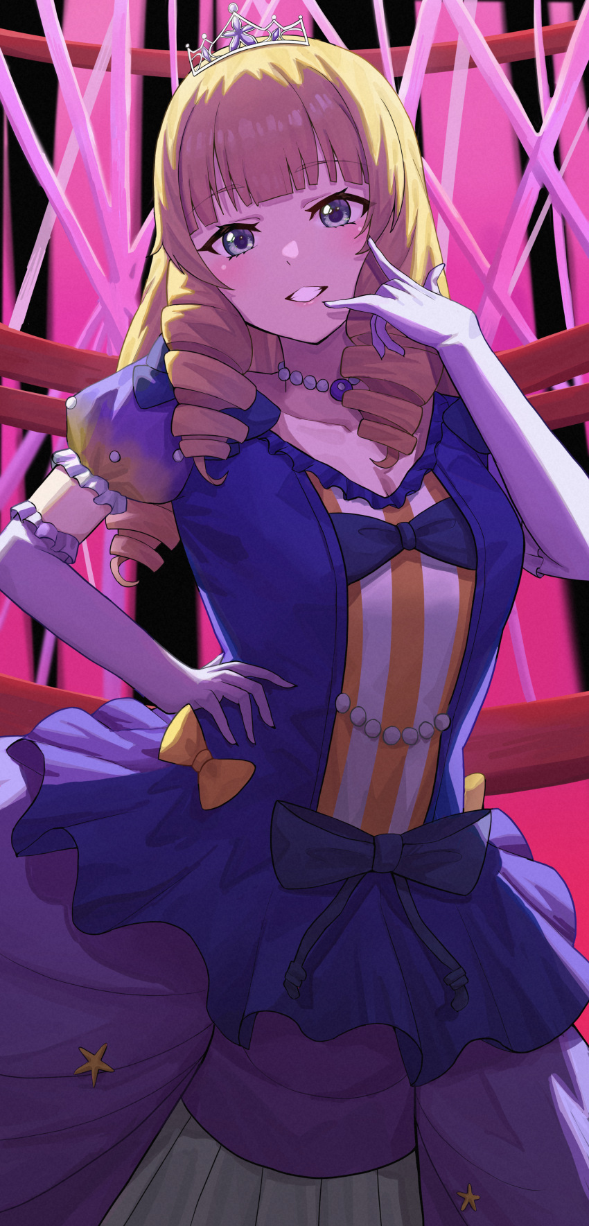 1girl absurdres aftamc bangs blonde_hair blue_bow blunt_bangs bow commentary_request dress dress_bow drill_hair elbow_gloves eyebrows_visible_through_hair frilled_dress frills gloves green_eyes heanna_sumire highres jewelry looking_at_viewer love_live! love_live!_superstar!! necklace puffy_short_sleeves puffy_sleeves short_sleeves smile solo white_gloves yellow_bow