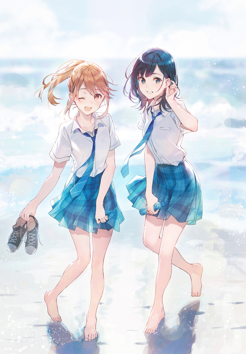 2girls absurdres aomi_haru barefoot beach black_hair blue_necktie blue_skirt brown_hair chitose-kun_wa_ramune_bin_no_naka highres holding holding_shoes multiple_girls nanase_yuzuki necktie official_art one_eye_closed ponytail ramune school_uniform shirt shoes skirt sneakers splashing waves weee_(raemz) white_shirt