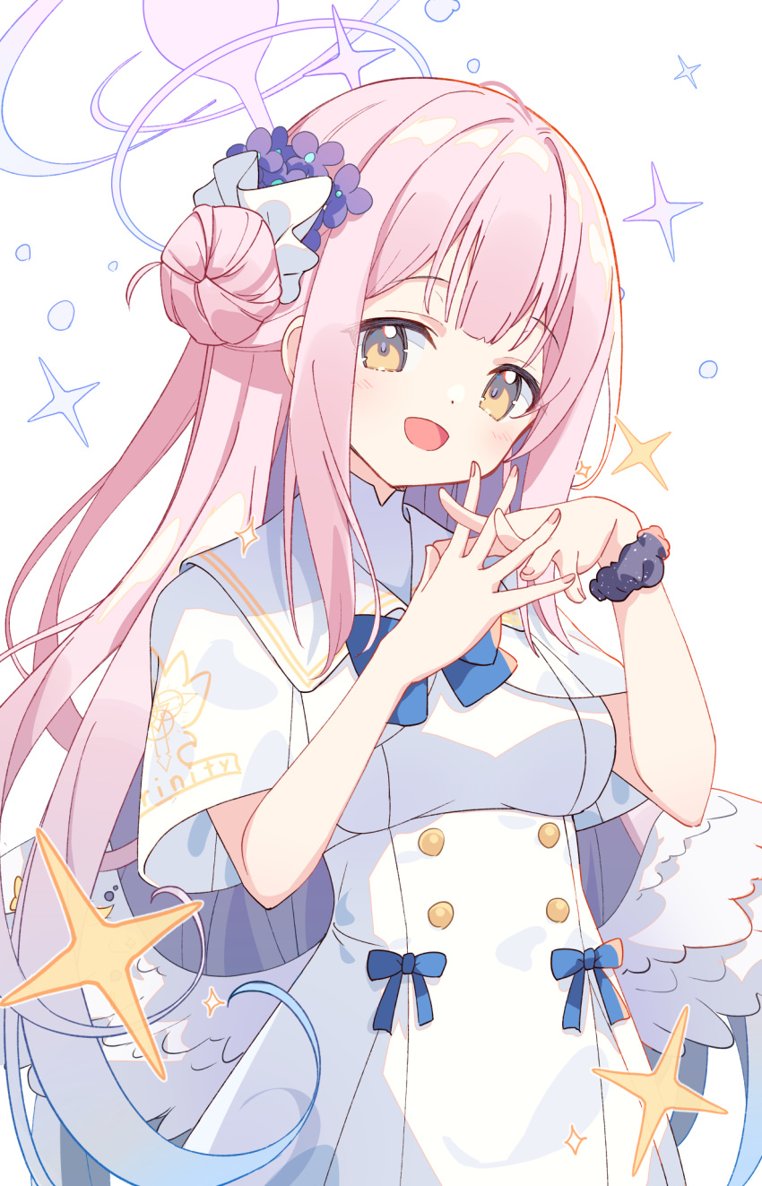 blue_archive breasts hair_bun hair_ornament halo highres long_hair looking_at_viewer medium_breasts mika_(blue_archive) open_mouth own_hands_together pink_eyes pink_hair school_uniform scrunchie simple_background sparkle white_background wings zoirun