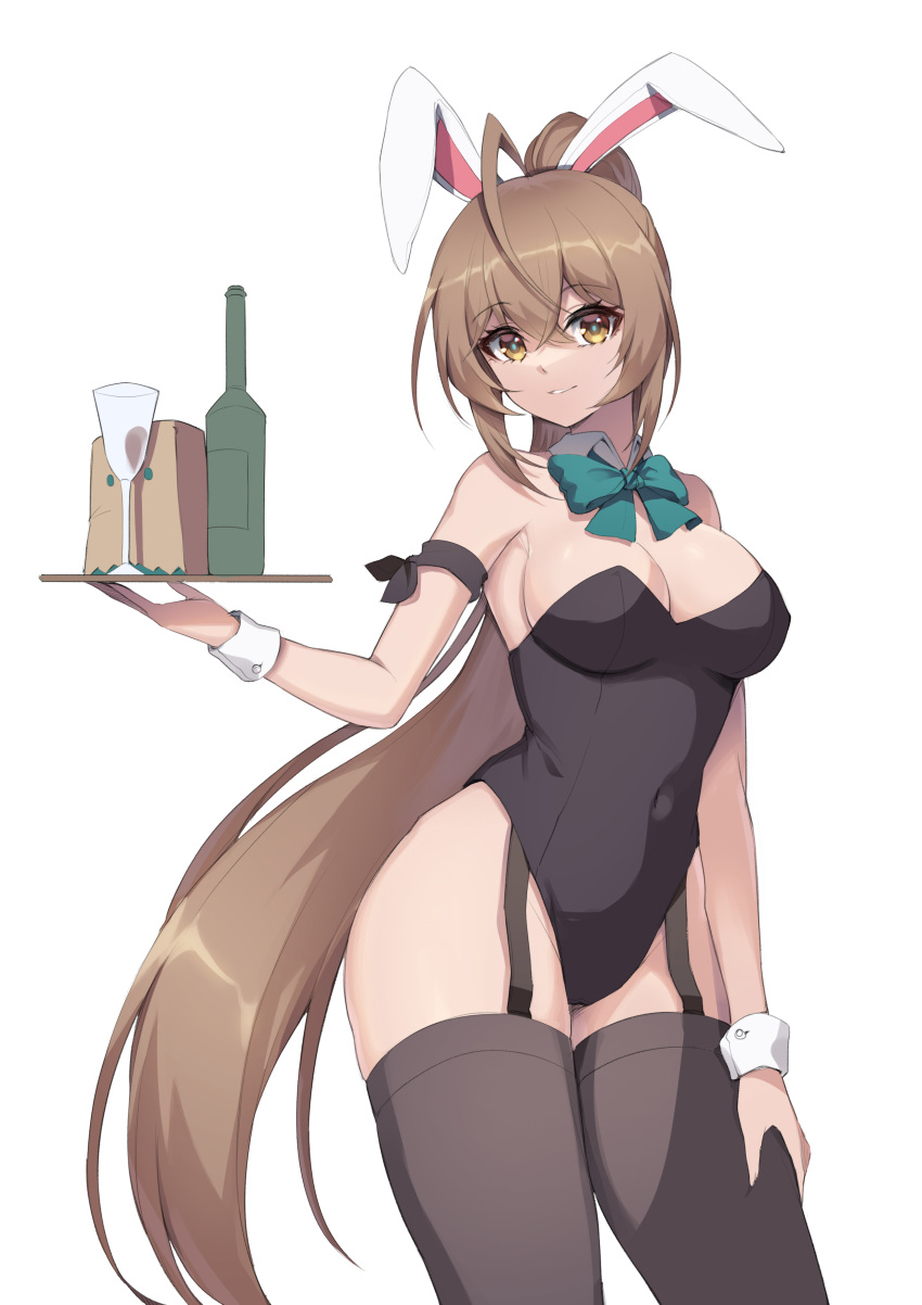 1girl absurdres ahoge animal_ears arm_ribbon bare_shoulders black_legwear black_leotard bow bowtie breasts brown_eyes brown_hair contrapposto covered_navel cowboy_shot detached_collar fake_animal_ears garter_straps hand_on_own_thigh highleg highleg_leotard highres holding hololive hololive_english leotard long_hair looking_at_viewer medium_breasts nanashi_mumei parted_lips playboy_bunny ponytail rabbit_ears ribbon simple_background smile solo standing strapless strapless_leotard thigh-highs very_long_hair virtual_youtuber whcjddbrhk22 white_background wrist_cuffs