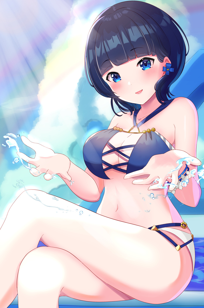 1girl absurdres asaka_karin bangs bikini blue_bikini blue_eyes blue_hair blunt_bangs blush bow bow_earrings breasts crossed_legs dark_blue_hair earrings eyebrows_visible_through_hair halter_top halterneck highres jewelry large_breasts looking_at_viewer love_live! love_live!_nijigasaki_high_school_idol_club love_live!_school_idol_festival_all_stars medium_hair sitting smile solo swimsuit wasawasabidayo