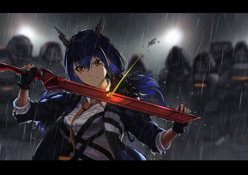 1girl arknights bangs blocking blue_hair blurry blurry_background breasts c-eye ch'en_(arknights) closed_mouth commentary_request crossed_bangs dragon_girl dragon_horns fingerless_gloves gloves hair_between_eyes highres holding holding_sword holding_weapon horns jacket long_hair looking_at_viewer necktie open_clothes open_jacket rain red_eyes red_necktie shirt solo split_mouth sword upper_body weapon wet wet_clothes wet_shirt white_shirt