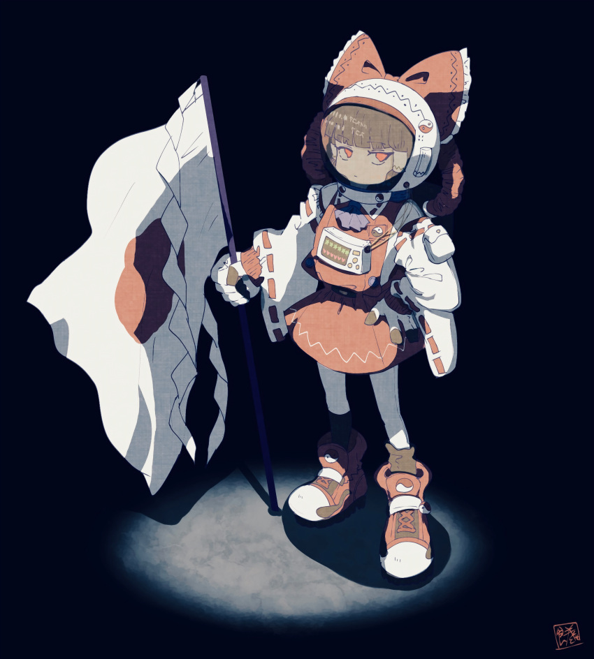 1girl absurdres adapted_costume ascot astronaut bangs black_background blunt_bangs bow brown_hair commentary_request detached_sleeves dress flag frilled_bow frills full_body gloves gohei hair_bow hair_tubes hakurei_reimu hat hat_bow helmet highres holding holding_flag japanese_flag long_sleeves looking_at_viewer no_nose nontraditional_miko on_moon purple_ascot red_bow red_dress red_eyes red_footwear red_ribbon ribbon ribbon-trimmed_sleeves ribbon_trim shide shoes sidelocks signature sleeveless sleeveless_dress sneakers sokura_(mochichitose) solo space_helmet spacesuit spotlight standing touhou white_gloves white_sleeves wide_sleeves yin_yang yin_yang_print