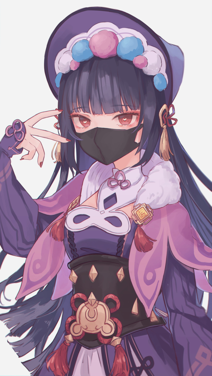 1girl bangs black_corset black_hair black_mask blunt_bangs bonnet corset fur_collar genshin_impact hand_up highres long_sleeves looking_at_viewer mask mouth_mask multicolored_clothes multicolored_headwear red_eyes red_nails simple_background solo upper_body vision_(genshin_impact) white_background yamabuki_(laysis_yama) yunjin_(genshin_impact)