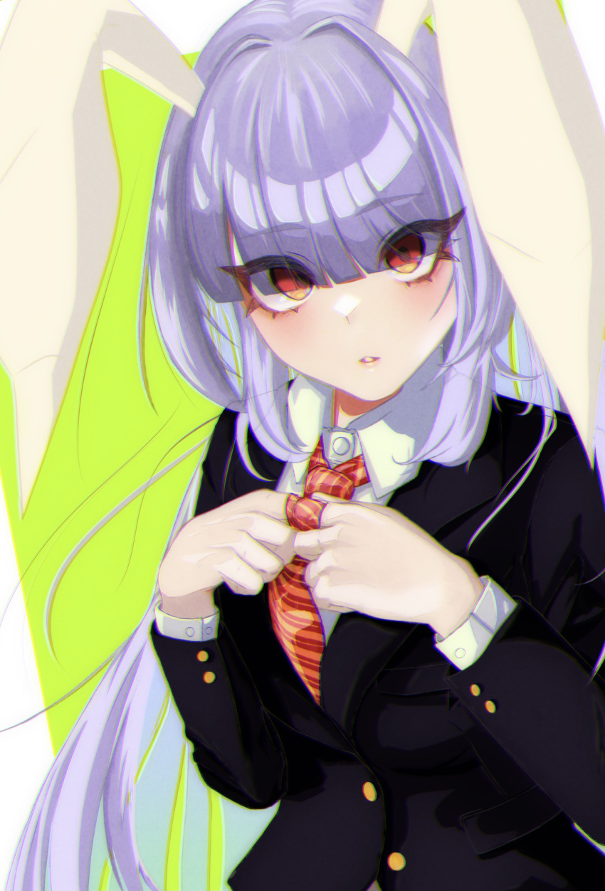 1girl animal_ears bangs blunt_bangs blush chromatic_aberration commentary_request expressionless eyebrows_visible_through_hair eyes_visible_through_hair green_background highres holding_necktie long_hair looking_at_viewer oz_o2 parted_lips purple_hair rabbit_ears red_eyes reisen_udongein_inaba simple_background solo touhou upper_body very_long_hair