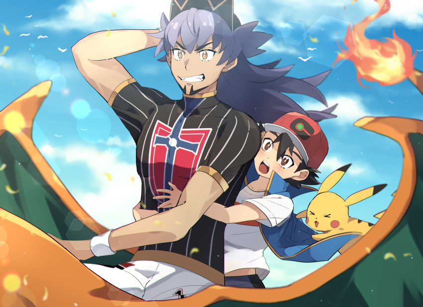 2boys arm_behind_head ash_ketchum bangs blurry champion_uniform charizard clouds commentary_request dark-skinned_male dark_skin day facial_hair fire flame floating_hair grin highres hug hug_from_behind lens_flare leon_(pokemon) long_hair male_focus multiple_boys open_mouth ou_negi outdoors pikachu pokemon pokemon_(anime) pokemon_(creature) pokemon_swsh_(anime) purple_hair riding riding_pokemon shield_print shirt short_sleeves shorts sky smile sword_print teeth tongue upper_teeth white_shorts yellow_eyes