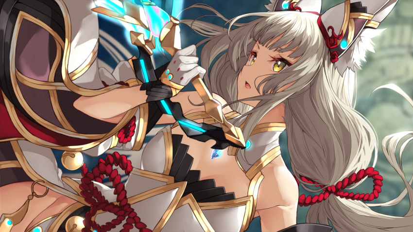 1girl bangs bare_shoulders breasts chest_jewel detached_sleeves gloves hair_ornament holding holding_weapon long_hair low_twintails nia_(xenoblade) parted_lips pyra_(xenoblade) silver_hair small_breasts solo twintails weapon wide_sleeves xenoblade_chronicles_(series) xenoblade_chronicles_2 yappen yellow_eyes