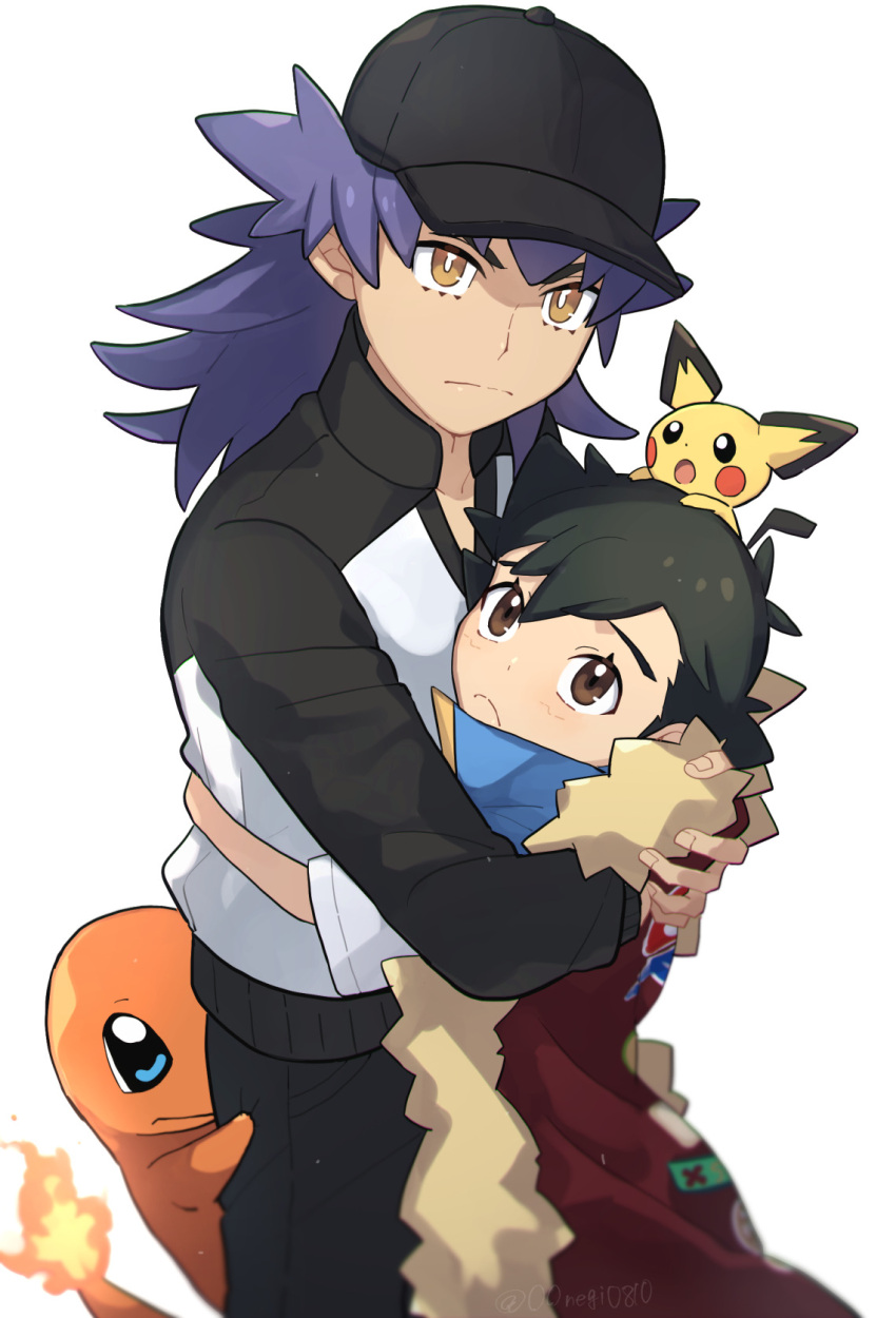 2boys ash_ketchum bangs baseball_cap black_hair black_headwear black_jacket black_pants blush bright_pupils brown_eyes cape charmander closed_mouth commentary_request dark-skinned_male dark_skin fire flame frown fur-trimmed_cape fur_trim hat highres jacket leon_(pokemon) long_hair male_focus multiple_boys on_head ou_negi pants pichu pokemon pokemon_(anime) pokemon_(creature) pokemon_on_head pokemon_swsh_(anime) purple_hair red_cape short_hair white_pupils yellow_eyes younger